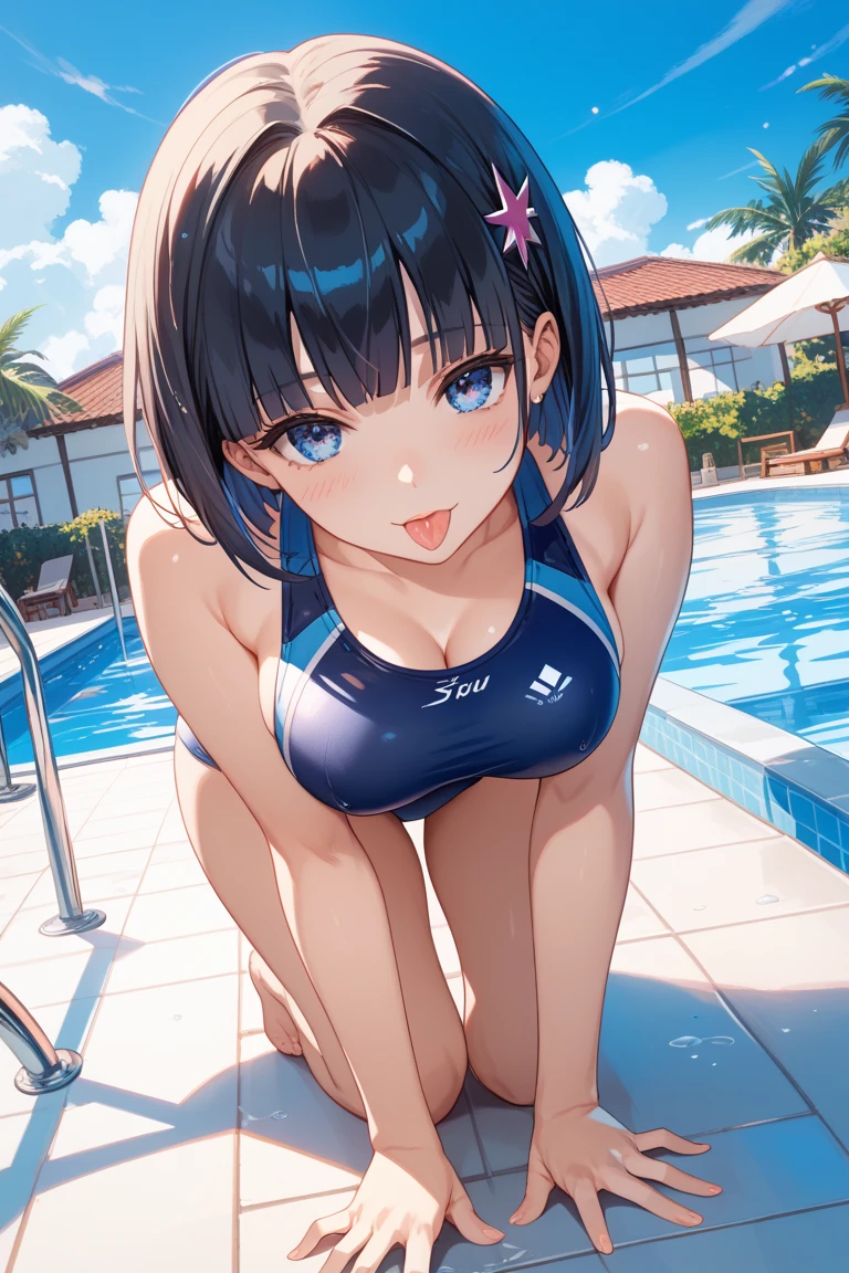 ((masterpiece、top-quality:1.5、a high chroma:1.5、ultra-detailliert、high-resolution illustrations:1.5、Ultra-high-definition CG、8k size wallpaper、offcial art))、((front view:1.8)),(1woman,),(cute face:1.5,cute eyes:1.5)、((face:1.5)),((close to viewer:1.8,face only:1.5)),
(grin:1.3)、(sexy body),((squatting:1.8)),,(competition swimsuit:1.5),(multicolored hair:1.5), (large breasts:1.5),(curvy:1.3)、(Portrait:1.8)
,(Shining aqua eyes:1.2),((Poolside:1.5)),(cowboy shot)、