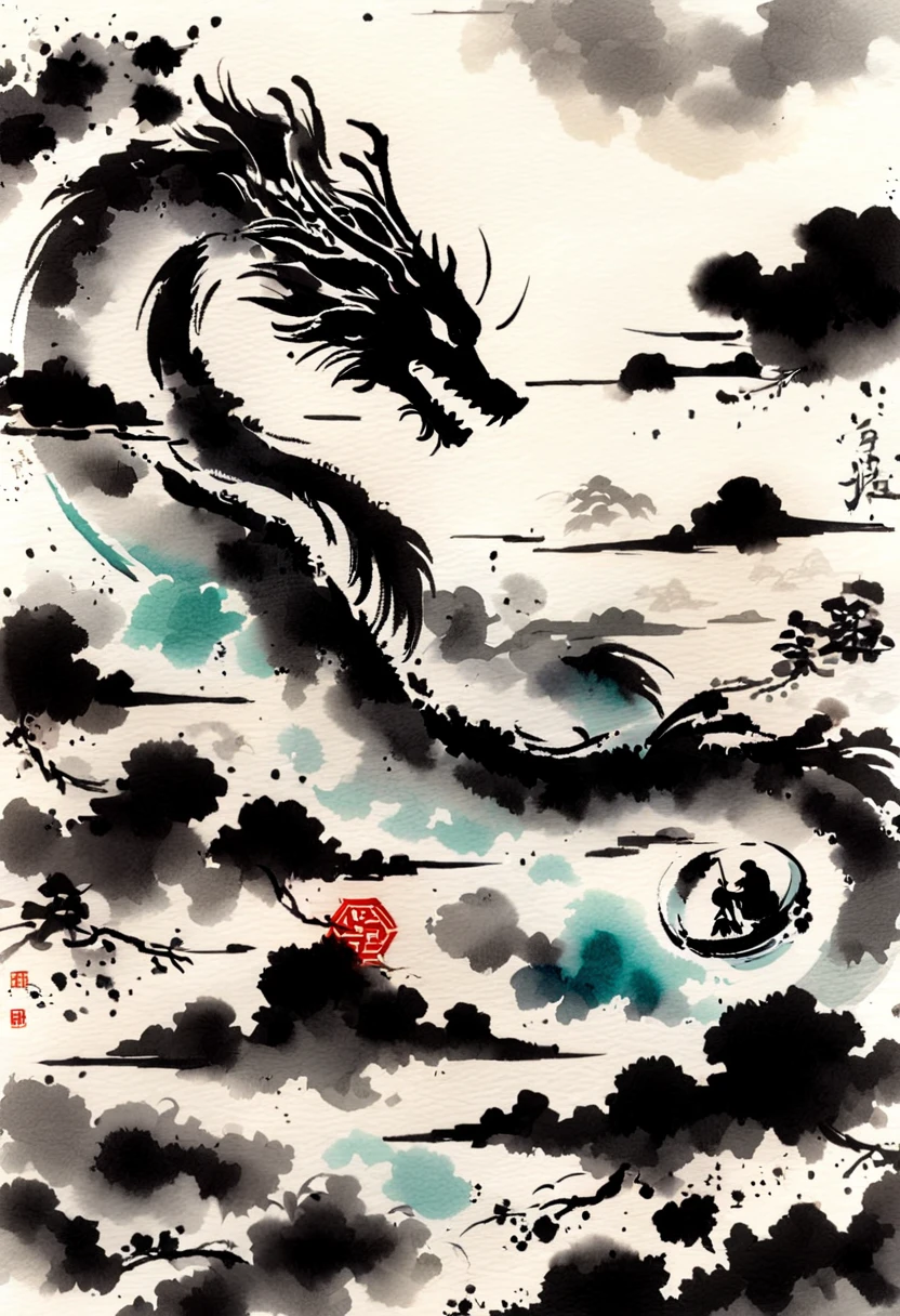 Anammo, Dragon, sharp 歯, eastern Dragon,  monster, alone, horn, Male Focus,  Monochrome, Robe,Size Differences, Open your mouth, nail, Spot colors、Xianglong、Ink Painting、Angry Dragon、Rising Dragon、fierce々Shii、獰fierceな、thunder、