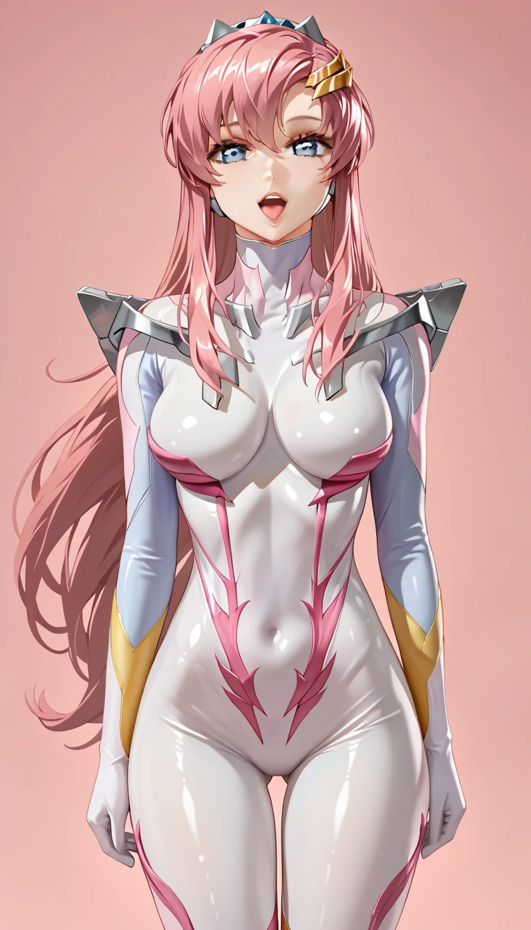 (masterpiece, best quality, ultra-detailed, highres, illustration:0.8), extremely detailed wallpaper, official art, amazing, high detail, ultra-detailed, extremely detailed 8k wallpaper,closed full body, bright pink hair, green eyes with slit pupils, (white background: 1.3), (1girl, solo),(bodysuit),sexy,perfect anatomy,beautiful face, looking down,