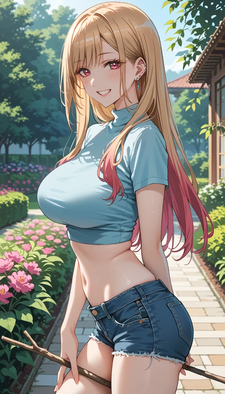 Girl with very toned body, bodybuilder, fair skin, ((thick thighs)), long blonde hair, sparkling blue eyes, long detailed eyelashes, ((big cleavage)), seductive look, blushing Cheeks, turning around, ((white T-shirt and unbuttoned shorts)), beautiful waist, row of cherry blossom trees, highest resolution