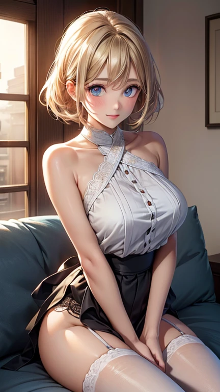 masterpiece, best quality, high quality, High definition, High quality texture, High quality shadow, high detail, beautiful detailed, finely detailed, extremely detailed cg, detailed texture, a realistic representation of the face, realistic, colorful, delicate, Cinematic Light, Ray tracing, sharp focus, (intricate details, makeup, PureErosFace_V1:0.5), (detailed beautiful delicate face, detailed beautiful delicate eyes, a face of perfect proportion, high detailed skin, detailed skin, best ratio four finger and one thumb, (((toppless))),  (large breasts), (((cleavage))),  ((Smooth texture, Realistic texture, Photorealistic)),  Detailed beautiful eyes, Beautiful eyelashes, emerald eyes, Blonde medium hair 1 woman, at bedroom,  (((sheer white sailor shirt, Sleeveless, Open front))), (((Navel ))),  (((Sheer Micro Mini Skirt))),  (Beautiful face, Cute face, Detailed face),  (sitting),  (((Sunny))), Perfect Eyes Eyes