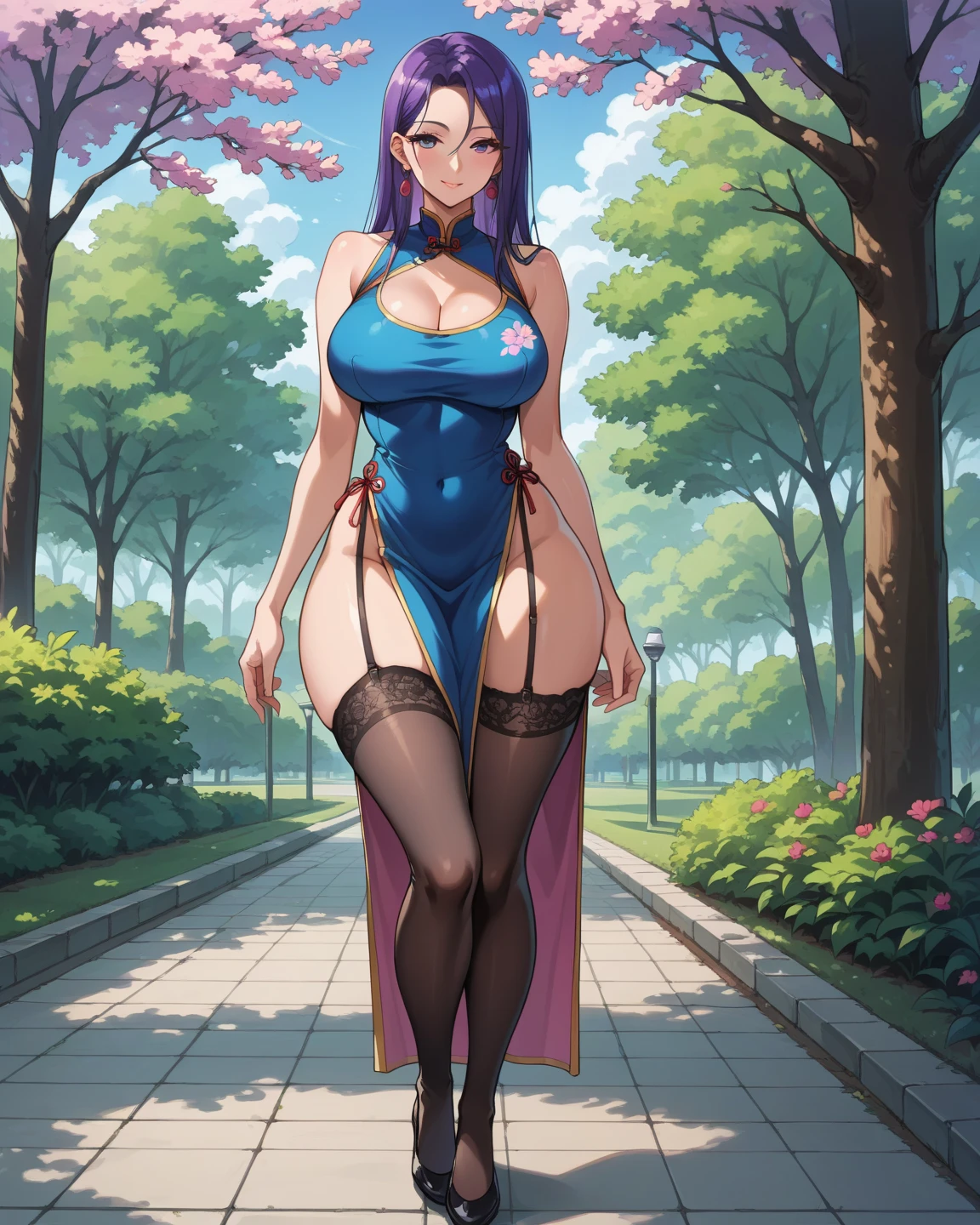 masterpiece, best quality, extremely detail 8k cg, high resolution, 1girl, yuugao, solo, purple hair, long hair, sidelocks, ponytail, brown eyes, perfect eyes, choker, breast curtains, china dress, pelvic curtains, thighhighs, high heels, huge breasts, outdoors, garden, standing, beautiful face, wide shot photo, full body