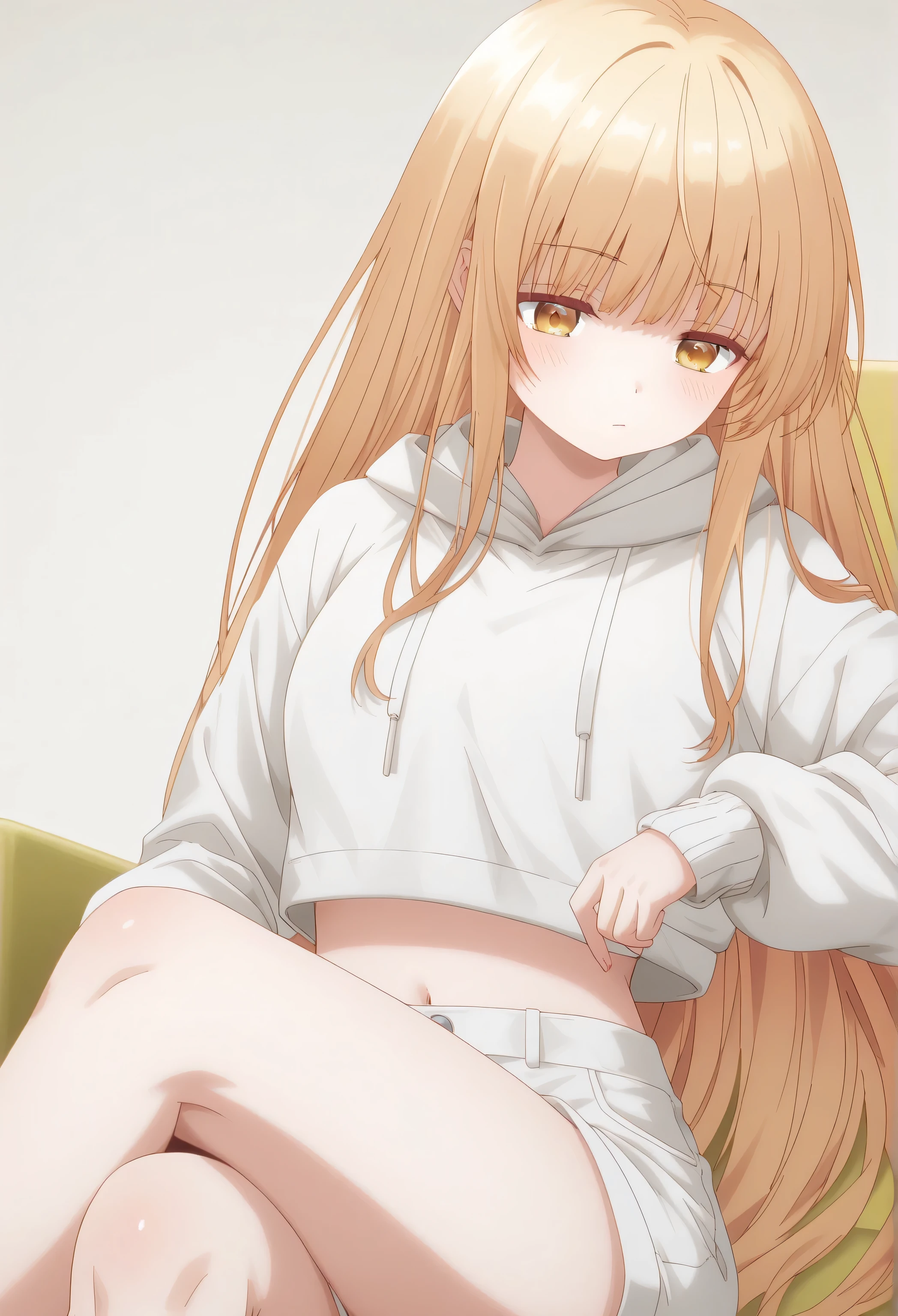 Mahiru Shiina: cropped hoodie, white shorts, crossed legs, wahah berbayang