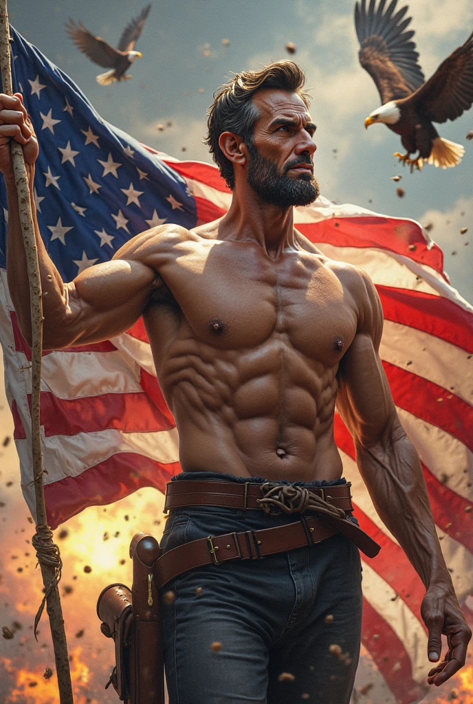 1 man, Beautiful eyes and face details, shirtless, nice body and defined muscles, best quality, Close-up, toned body, wearing American Flag thong with big bulge, (American male model) hot skin, master piece, Best qualities, Most beautiful man in the world, Handsome Man with American Flag on his background, full body shot, full body 