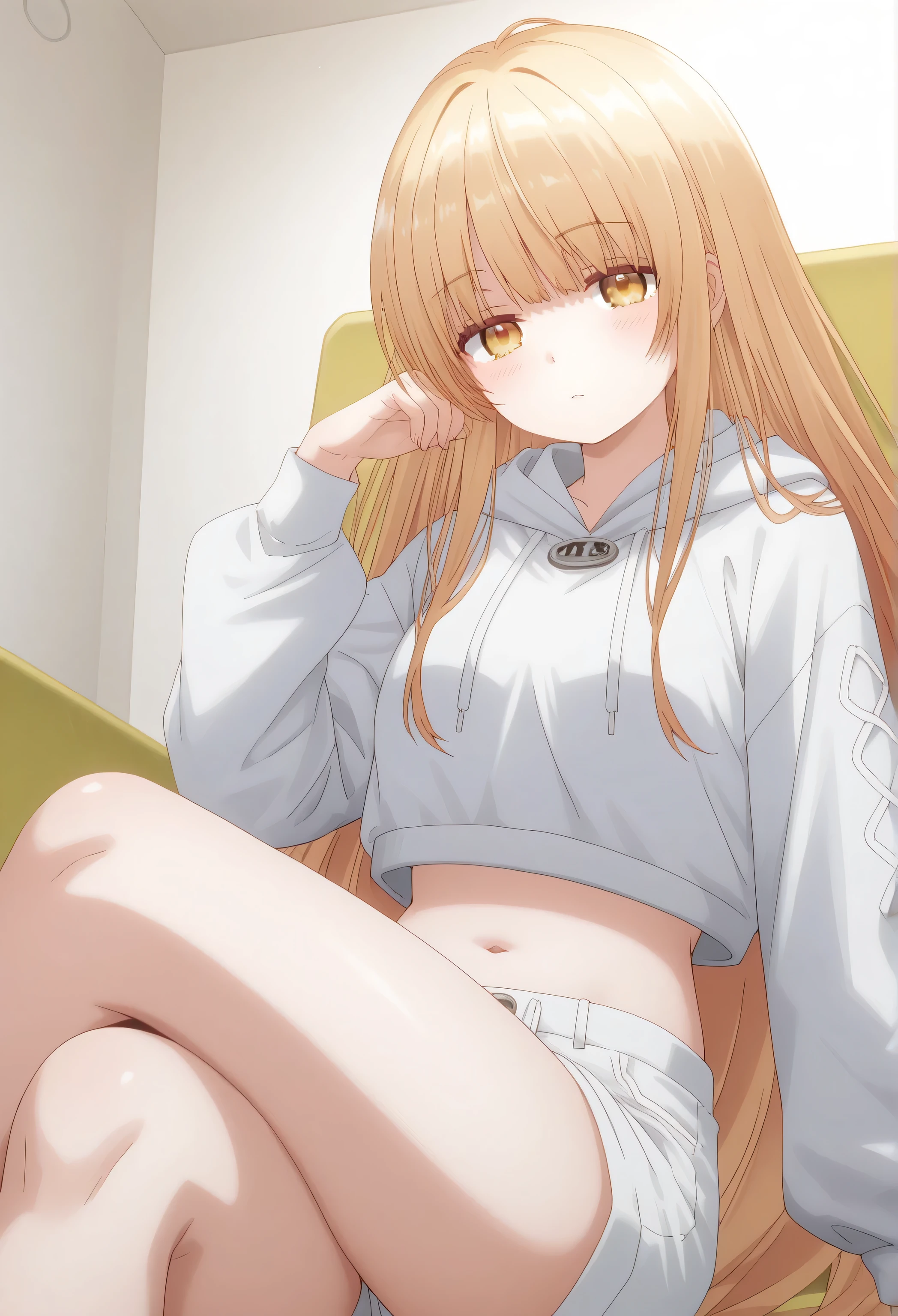 Mahiru Shiina: cropped hoodie, white shorts, crossed legs, wahah berbayang