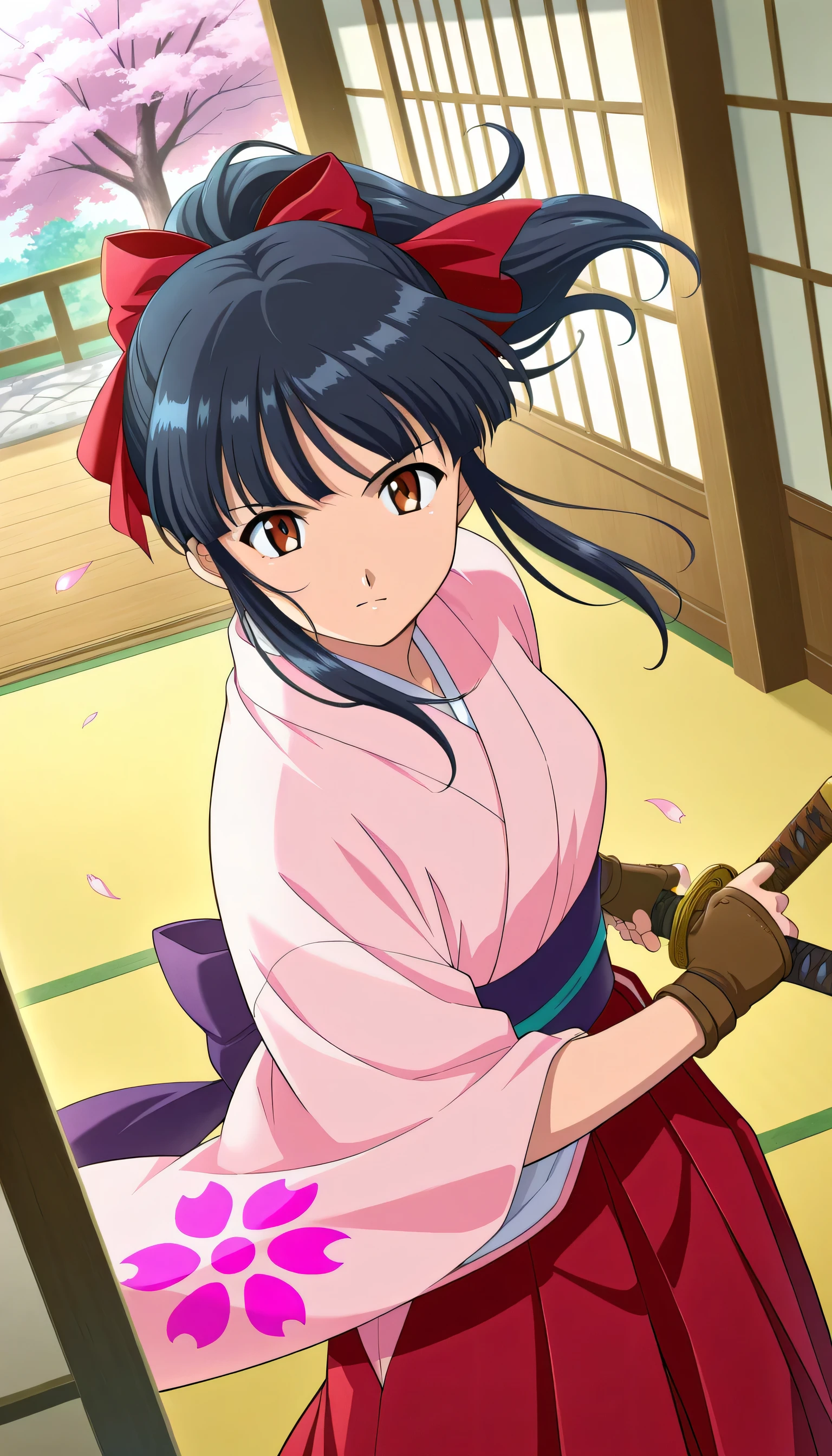 1girl,solo ,detailed eyes, beautiful, detailed background, perfect eyes,
source_anime, very aesthetic, anime coloring, masterpiece, official art,
BREAK,
In the dojo ,cherry blossoms,wind,
dynamic angle,
looking at viewers,
BREAK,
sakuraBase, black hair, hair ribbon, red ribbon, brown hair, ponytail, red bow, sidelocks, bangs,
meiji schoolgirl uniform, japanese clothes, red hakama, floral print sleeves, floral print kimono, purple sash, fingerless gloves, green obijime,holding katana,