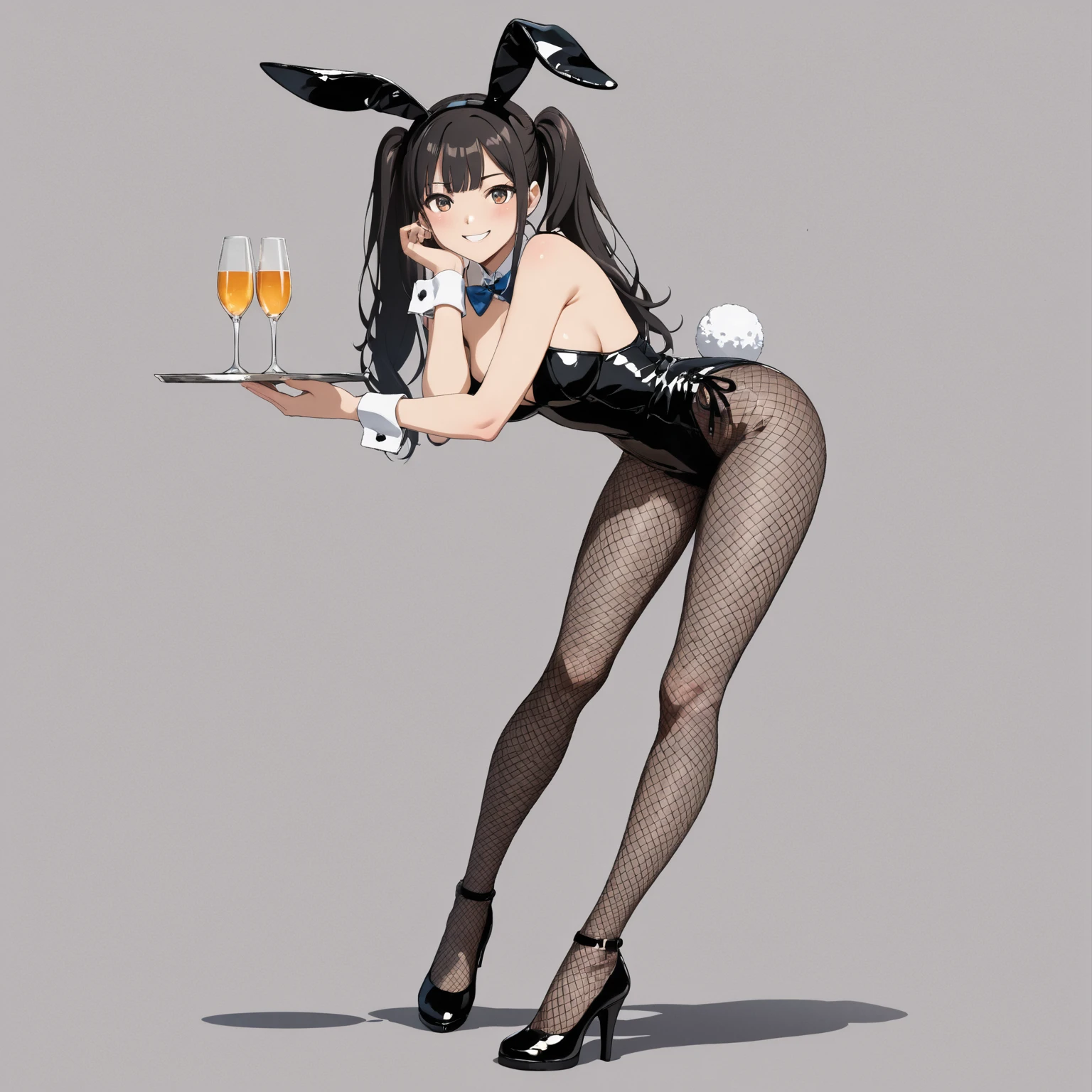 Top quality, masterpiece, intricate details, delicate and beautiful details, highly detailed 8k wallpapers, ((transcendently beautiful face)), happy, smile, close eyes, open mouth, playboy bunny, fishnet stockings, high heels, black leotard, rabbit ears, rabbit tail, (holding a bouquet: 1.5),