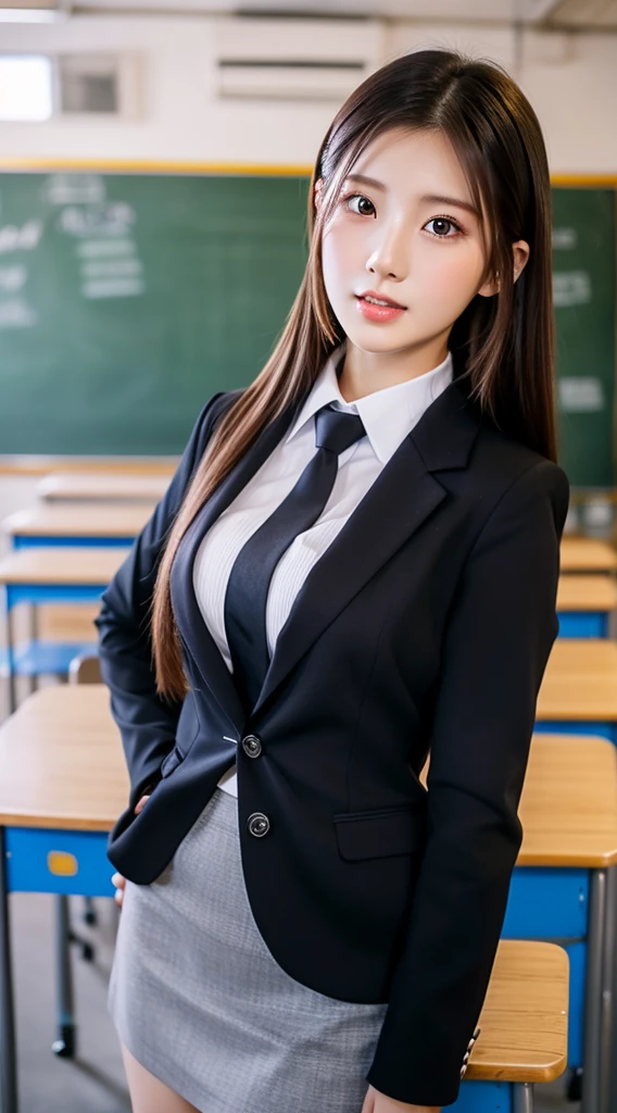 4k,8k,16k,32k,k, high-resolution ,realistic, photorealistic, RAW photo,ultra realistic photo ,Best Quality, High Quality,Ultra Quality, 8K Portrait,CG unity 8k wallpaper, insanely detailed beautiful kawaii face ,Japanese , governess,20 years old, huge breast, voluptuous ,(Woman's black Suit tight skirt),frontage,cowboy shot,Classroom