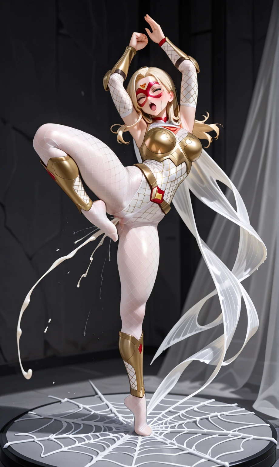 Master Piece, best quality, (extremely detailed CG unity 8k wallpaper), (best quality) 8k detail. beautiful girl. the girl to the left has dirty blonde hair and is wearing a red on top bikini and a yellow sash in the middle with silver metal shoulder gear. she is wearing yellow gloves and slip on shoes with a long stalk coming from the wrist and ankle. there is no background, white backdrop, no shadow on floor.