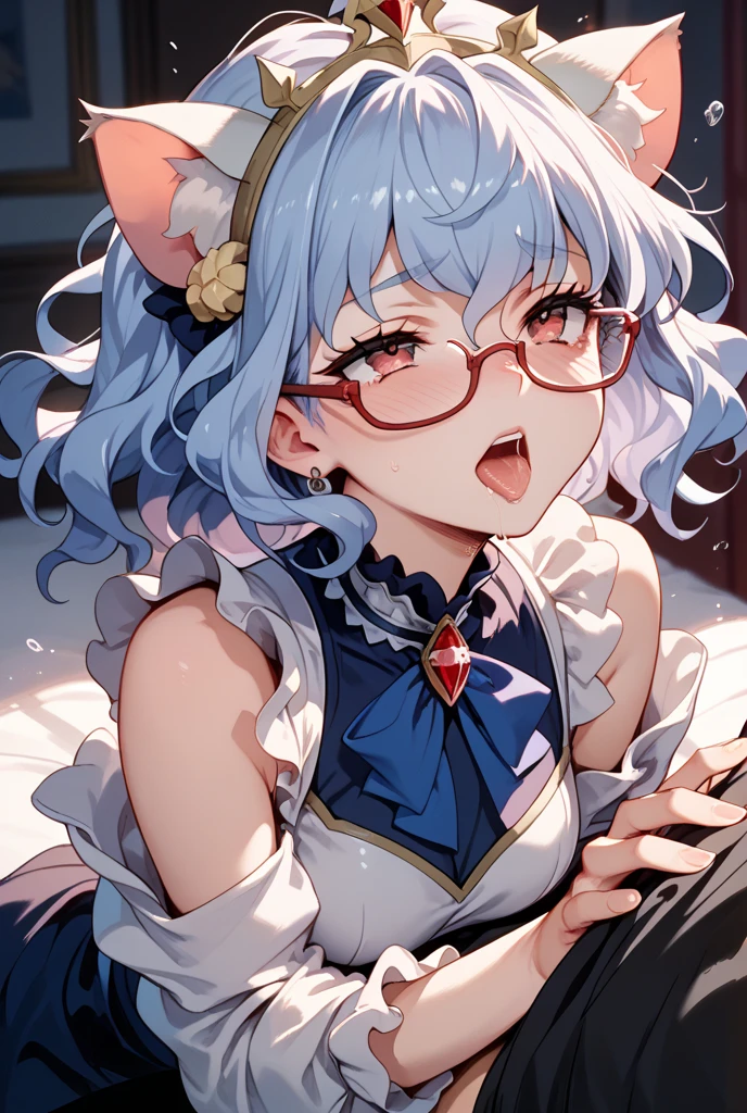highest quality、masterpiece、(((50 year old middle aged woman alone)))、(((cake shop clerk)))、((Gray hair、short hair、Facial wrinkles、Glasses))、(((light blue eyes))),((upper body ))、open your mouth、((((blue and white vertical striped blouse、white apron))))、(((troubled expression、surprised、upset))), smile、ケーキ店イチゴの乗ったケーキの皿を保持しているGlassesをかけたアニメの女の子, Today's featured anime is still, Cute girl anime visual, ( ( ( yoshinari yoh ) ) ), in an animated movie, anime moe art style, Still from the TV anime, Anime visual of a young woman, official anime yet, nyaruko-san