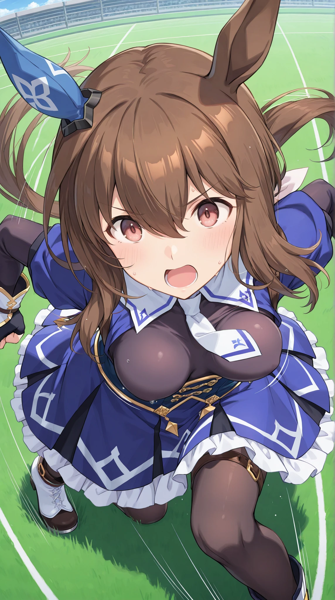 ((((symbolirudolf))))striped dark blue lace shirt ,frilled skirt,sleeveless,large breasts nsfw,(Lift up the skirt:1.4),(white panties visible:1.3),(pubic hair:1.2),(cameltoe:1.2),(love juice:0.7), (frown:1.2),(angry:1.2),contemptuous,disdain,(hate:1.3),looking down,elegant,active angle,dynamism pose, outdoors, (embarrassed,nose blush:1.3),from below