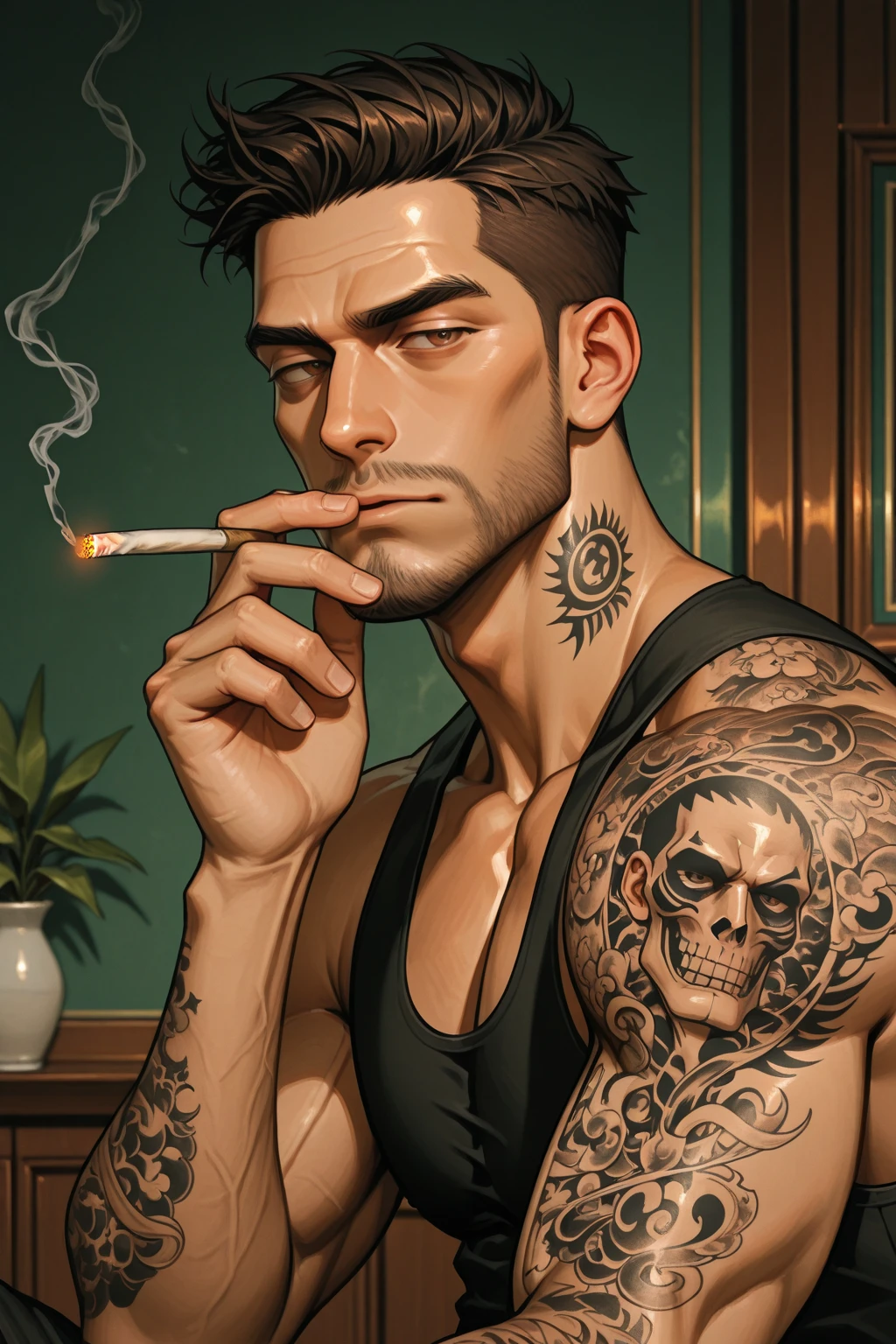 there is a man sitting on a couch smoking a cigarette, badass anime 8 k, concept art like ernest khalimov, style of raymond swanland, sharp high quality artwork, hd artwork, character art the contra, gta character, smoking and holding a gun, 4 k manga wallpaper, perfectly shaded body, cyberpunk street goon, cyberpunk dude, background artwork, tattooed man