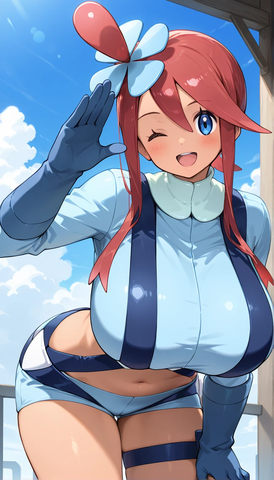 Mischievous look、titjob,Holding a dick in your chest,Titty fuck、breast enhancement、front picture、16 year old beautiful girl、Heavy big breasts、Huge breasts pushing up the shirt, (Big breasts that are about to burst:1.6),(masterpiece, highest quality:1.2) Scylla, Pokemon, 1 girl, alone, looking at the viewer, smile, redhead, (tan:1.1), side lock, hair ornaments, blush, blue eyes, big breasts, belly button, wide hips, thick thighs, abdomen, crop top, short shorts, turtleneck, blue shorts, blue gloves,squat on the floor、Open your chest wide from side to side、Show your breasts to the camera、face the camera、wet with sweat、beautiful nipples、A large amount of semen on the chest