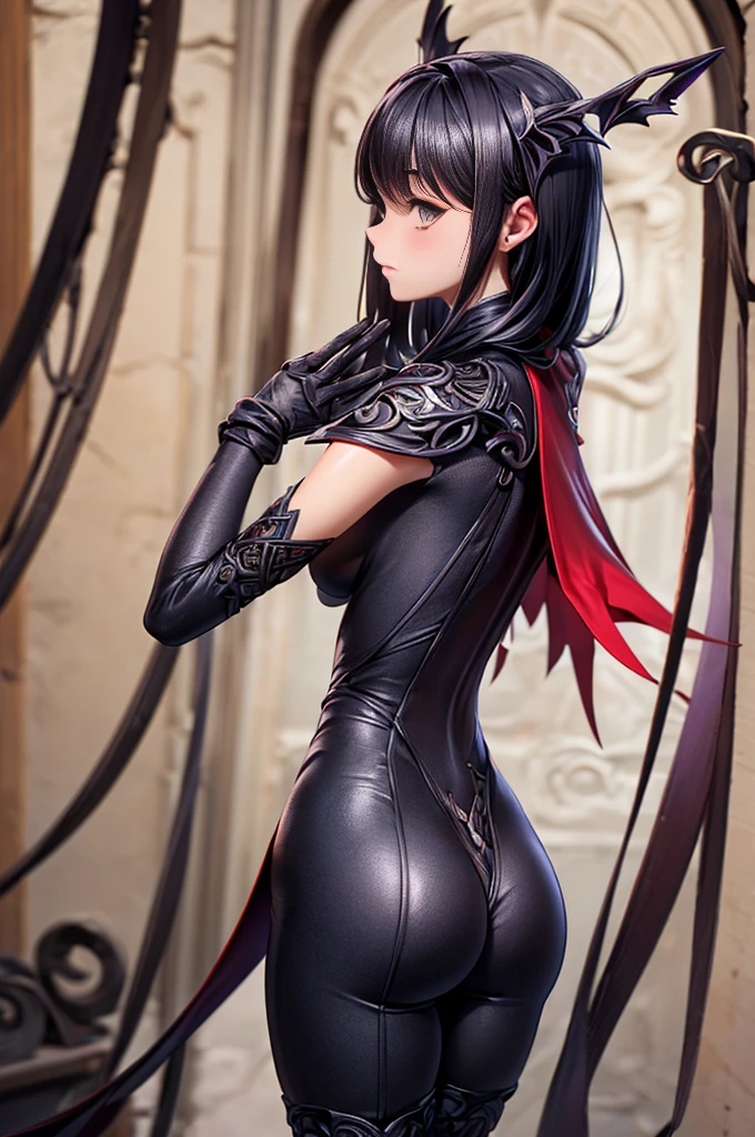 latex, from behind, 1girl, solo, 1girls, vampire, countess_\(paragon\), countess \(paragon\), paragon, red hair, bob cut, shiny, shiny skin, shiny clothes, 
