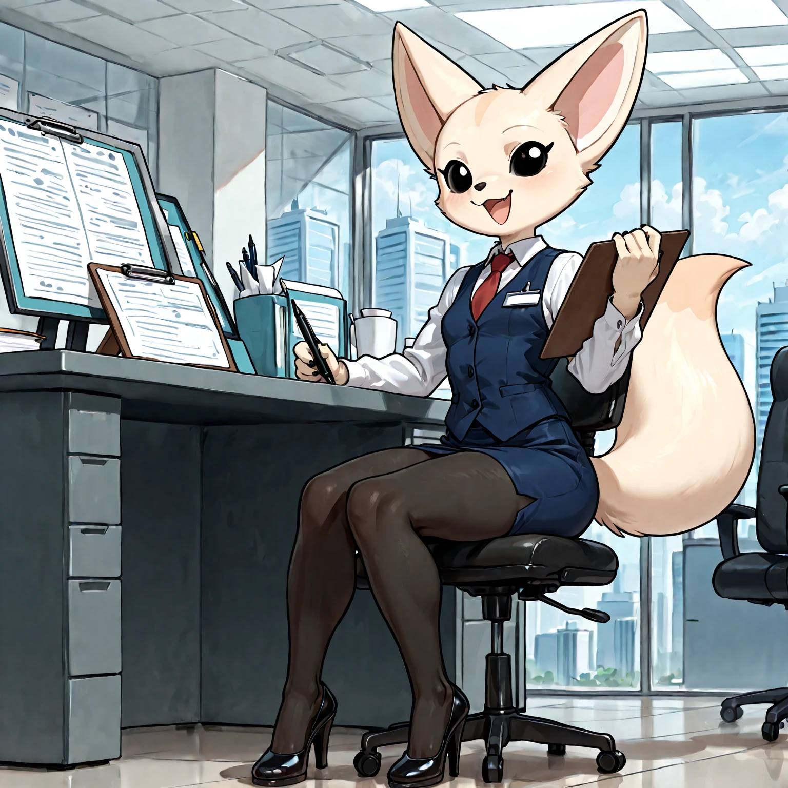 (melhor qualidade, obra de arte:1), Fenneko hairy female den, colete azul, camisa branca, saia azul, seios grandes, saia azul, Olhando para o telespectador, cauda de raposa, front angle view, pov, (saia levantada:1.2), olhando para o espectador, sorriso, boca fechada, sorriso pretensioso, sedutor, olhos semicerrados, (office ceiling background:1.0), estilo pixar, gordinha, pernas gordas, bunda grande, gorduras laterais, muito obesa, 100kg weight, immobile