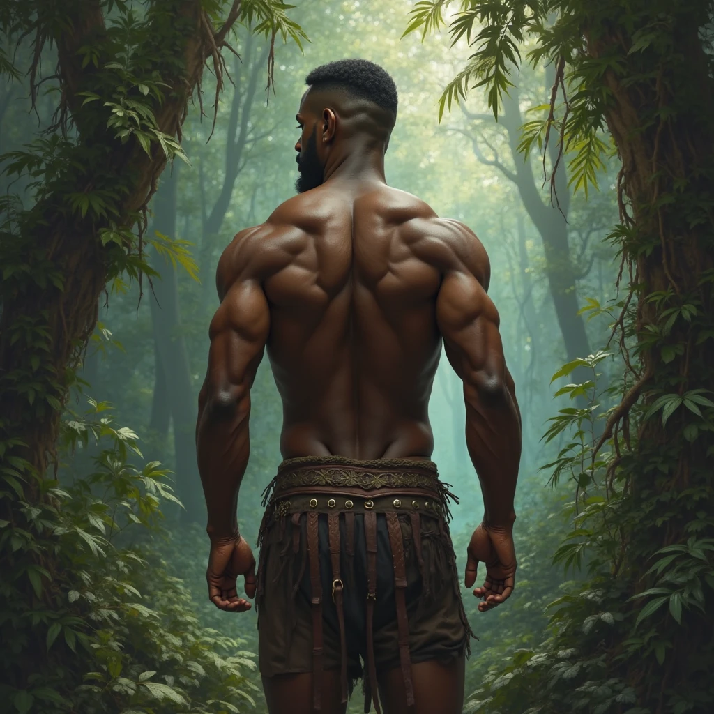 Black man with dreadlocks and muscles, in a forest