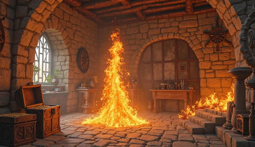 Beautiful girl element of fire, fills the stone room of the medieval ...