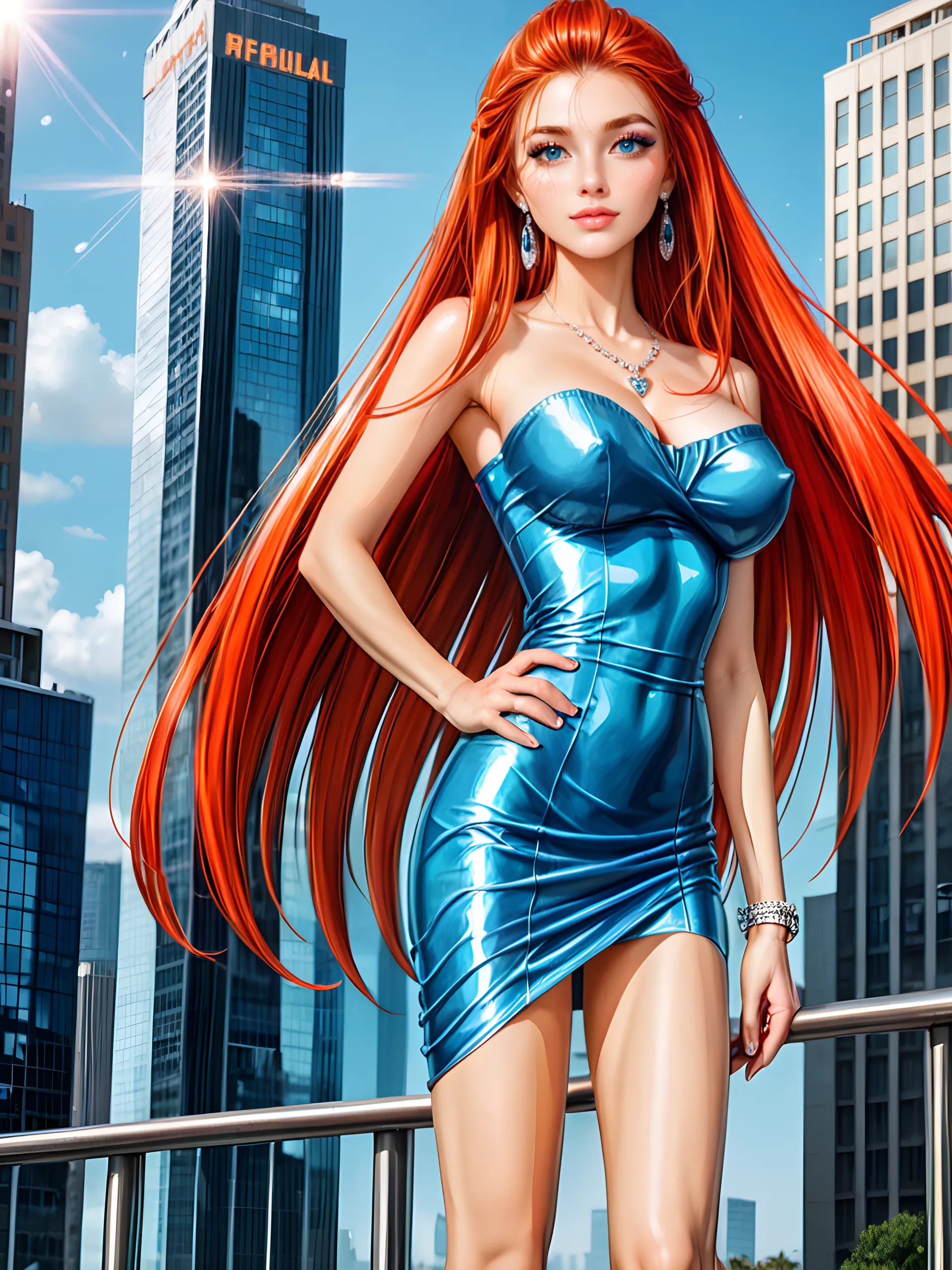 (masterpiece: 1.5) (photorealistic: 1.1) (8k) (HdR) (cinematic lighting),Naughty woman, 28 years old, woman in love, big chest, Studio lighting with bright and vibrant colors, romantic expression, very detailed skin, detailed and expressive eyes, turquoise eyes, long hair flying in the wind, Red hair, medium build body, Red lips, soft makeup, ((Whole body, standing,high heel)), (She), walking distractedly at night, on some street in Tokyo,