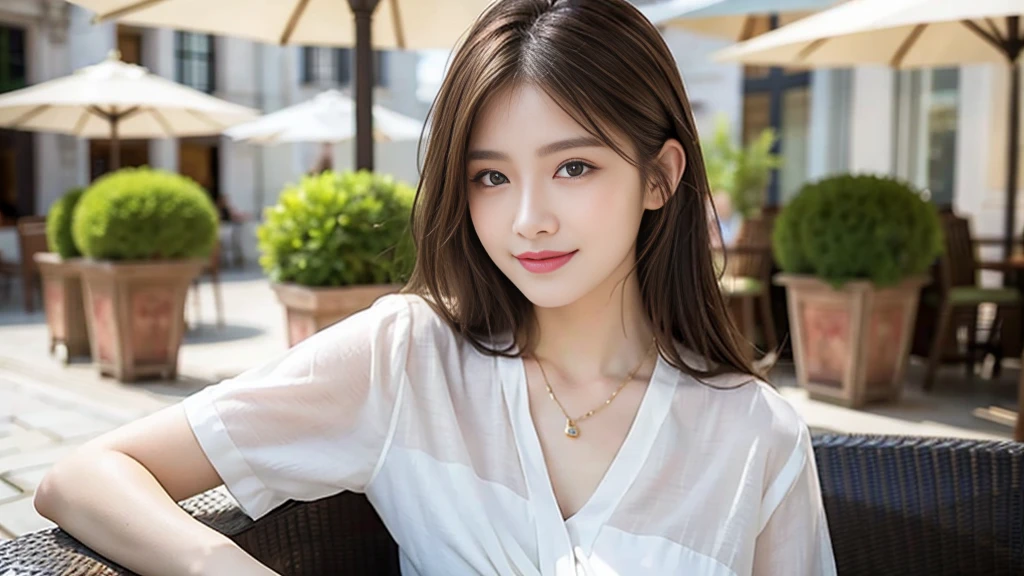 (highest quality, 8K, table top: 1.3)), sharp: 1.2, perfect body beauty: 1.4, slim abs: 1.2, ((long hairstyles, medium breasts: 1.2)), cleavage, (pale white long shirt: 1.1), Highly detailed face and skin texture, fine eyes, double eyelid, View from the side looking at the camera, innocent, (Excited: 1.3)、cute smile、big earrings、No sleeve、See-through shirt with collar、long hair、hair swaying in the wind