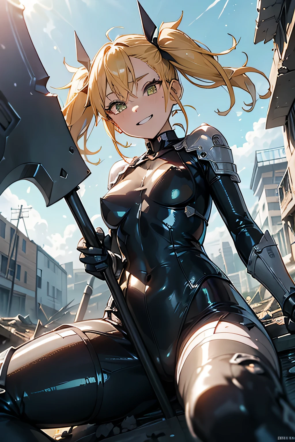 (extreme close-up of thigh), (The view is from very close below:1.5), Pushing hips forward, looking down, looking at viewer,
(legs apart:1.2),
Rubble, ruins, post-battlefield, (Sitting on rubble:1.5),
evil grin, evil smile, half closed eyes, blush, drunken eyes,
(best quality), ((masterpiece)),(details),high resolution, incredibly absurdres, sharp focus,(highly detailed CG unity 8k wallpaper),(vibrant colors),(complete anatomy),
(((very shiny skin, glitter skin, exaggerated shiny skin, illuminated skin))), betterhand, (five fingers), forehead,
1girl, Kikoru_Shinomiya, twintails, hair between eyes, bangs, blonde hair, hair ribbon, black ribbon, (Oblong face), Slender, Athletic, sanpaku,
jitome,
(glowing axe), (holding polearm:1.5),
black bodysuit, shoulder armor, gauntlets, boots,
