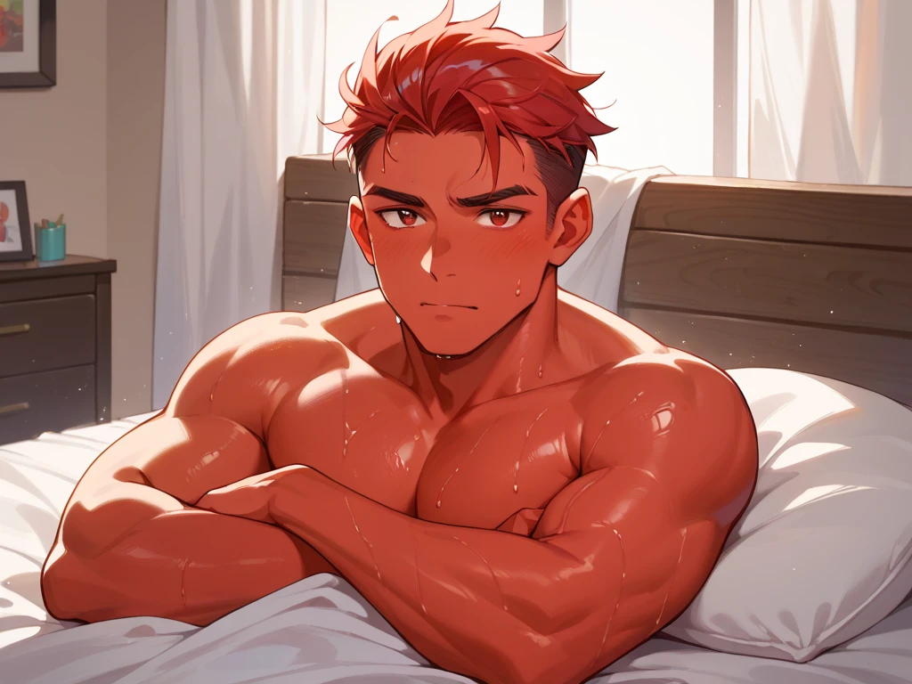 Enji, 1 chico, whole body, big muscular, of good quality, naked, lying in a day bed, Red hair, blue eyes, con pose sensual