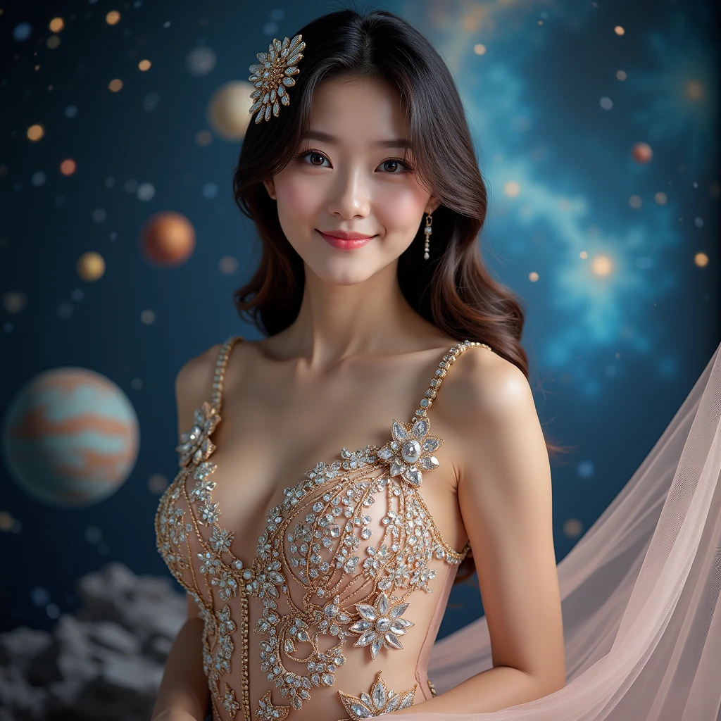 Beautiful asian woman, brunette, busty, colorfull outfit, on a swing set in outerspace, stars, bright galaxies, neon planet in the background, magic and bliss, perfect face, ultra realistic 