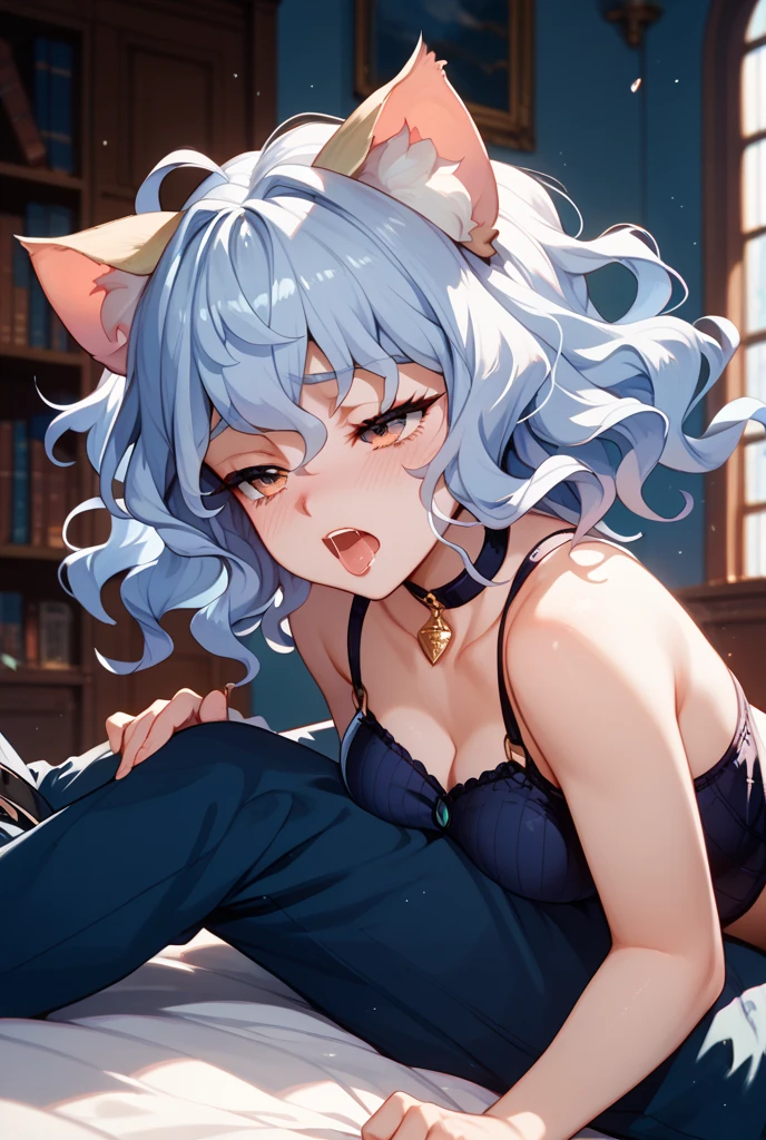 ((The best piece)),((​masterpiece)), (ultra-detailliert), (illustratio), (detaileds), (very cute and beautiful), girl with, cute  face, a miniskirt, Red eyes, Silvery hair,Off-the-shoulder clothing,frilld,Lori,loli big boobs,large full breasts,Fluttering chest,Clothes in black tones,Wearing glasses,Lily Kiss,lilie,the kiss,Chū,Girls to girls,teats,Big breasts,Room,a bed,on the beds,Face,