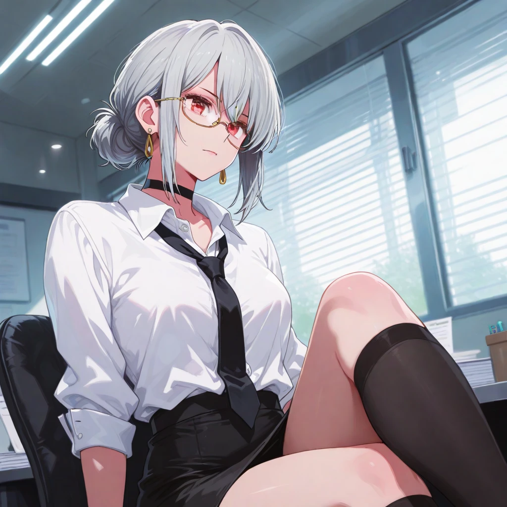 4K, clear light white short-sleeved shirt lined with black bandeau underwear, gray square-framed glasses, real person, short black skirt on the bottom, over-the-knee fishnet socks, bright patent leather heels, sofa behind background, bag in hand