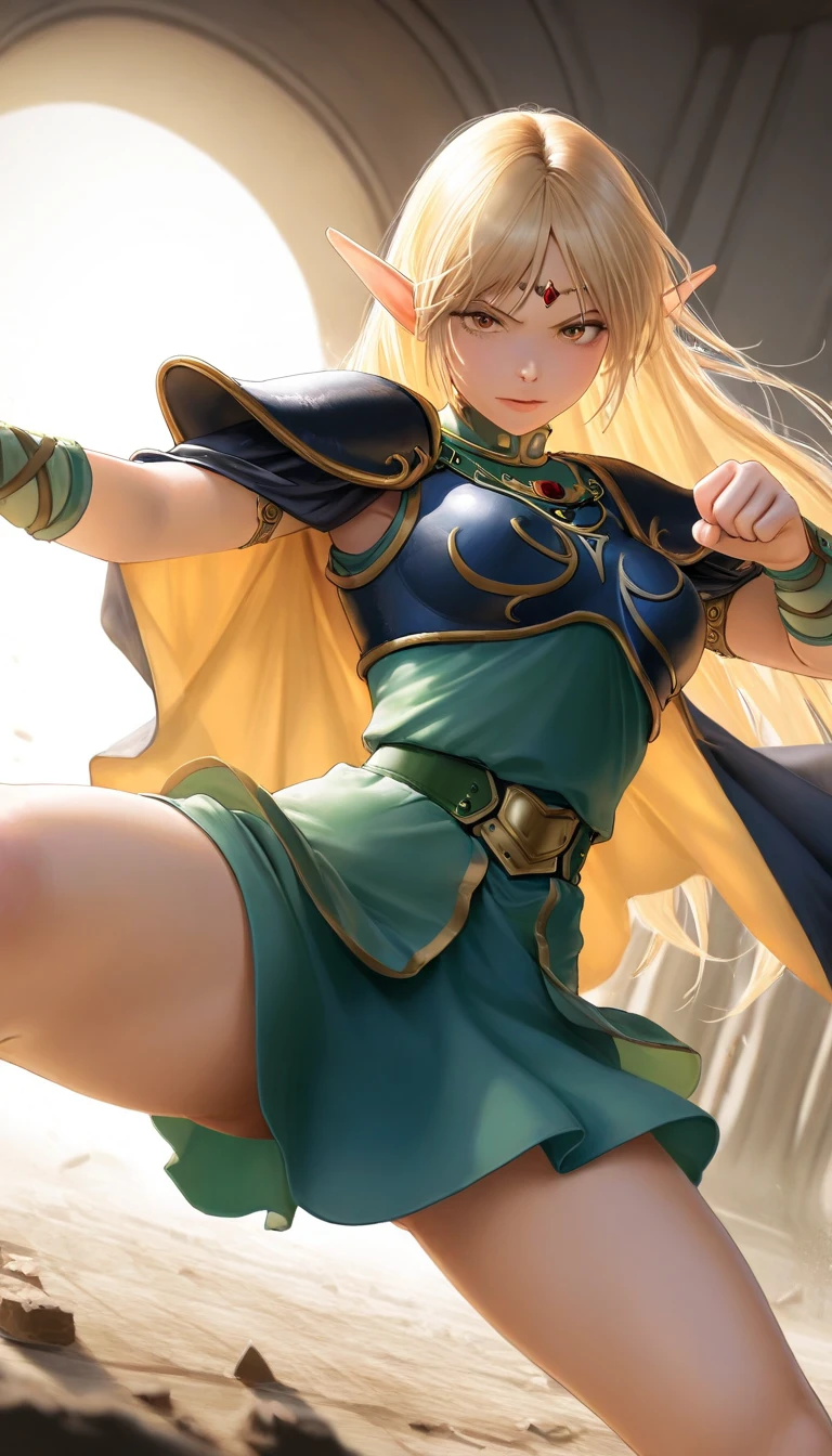 Bianca chanting a spell,(shoot from below),((white panties)),(storm from below),thundercloud,dqBianca,
single braid,((green dress)), earrings, choker, orange cape, belt