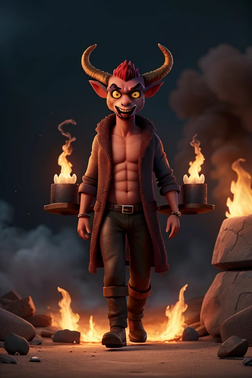 (((by Kenket, by Kilinah))), a running ((Kobold)), (detailed Kobold)) wearing a long cloak, muscular abs, Kobold black horns, Kobold tail, messy white hair, (orange thigh highs), ((black loincloth:fire pattern design on thong)), shirtless, front view, looking at the observer with an embarrassed smile, blush, , perspective, finely detailed paws, punk style, adventure backpack,