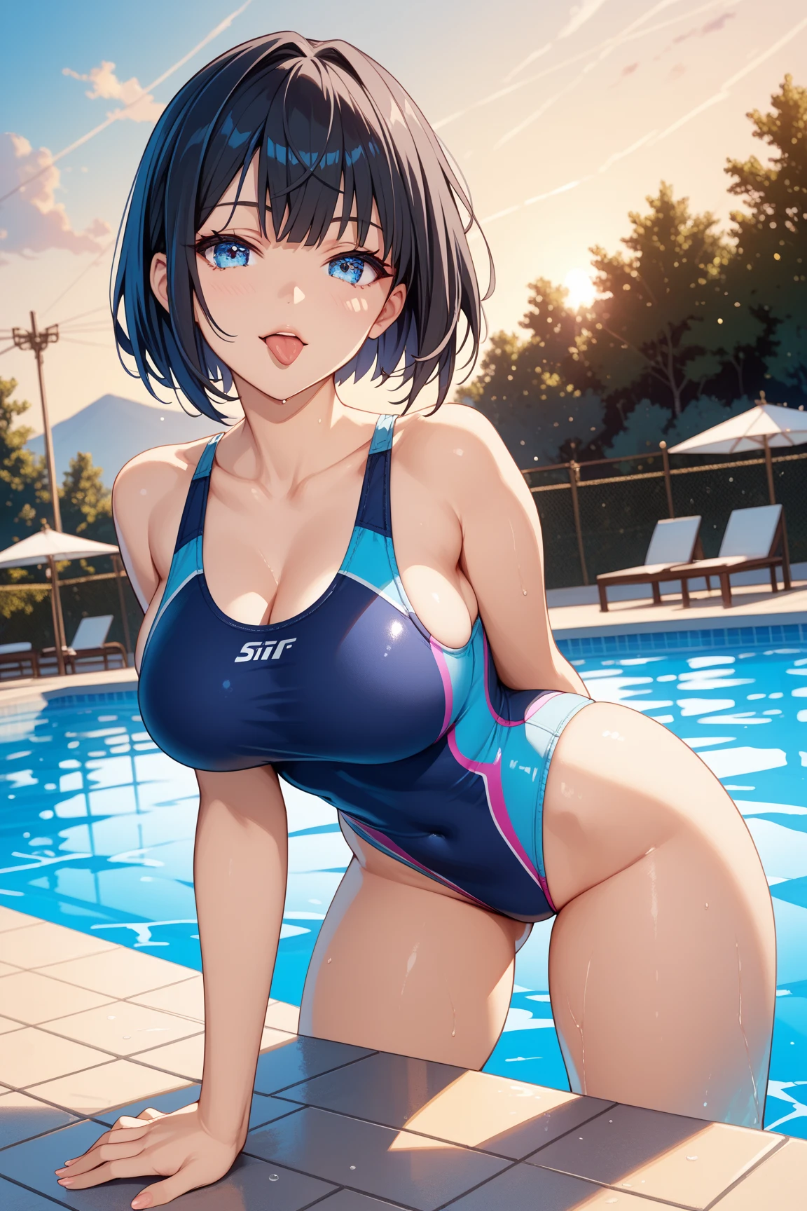 Anime Kawaii sexy Perfect Slim sensual body large breast and huge thighs, An intricate and highly detailed illustration of anime (Young girl) Highest quality、masterpiece、(1 adult female:1.3)、(Soft bust:1.2)、nature 、Girl in competitive swimsuit,beautiful,smile,Pool,Tempting,((Looking at the audience)、Textured skin、(smile)、blush、(Blue summer sky:1.3),(Beautiful background of beach pool:1.3)