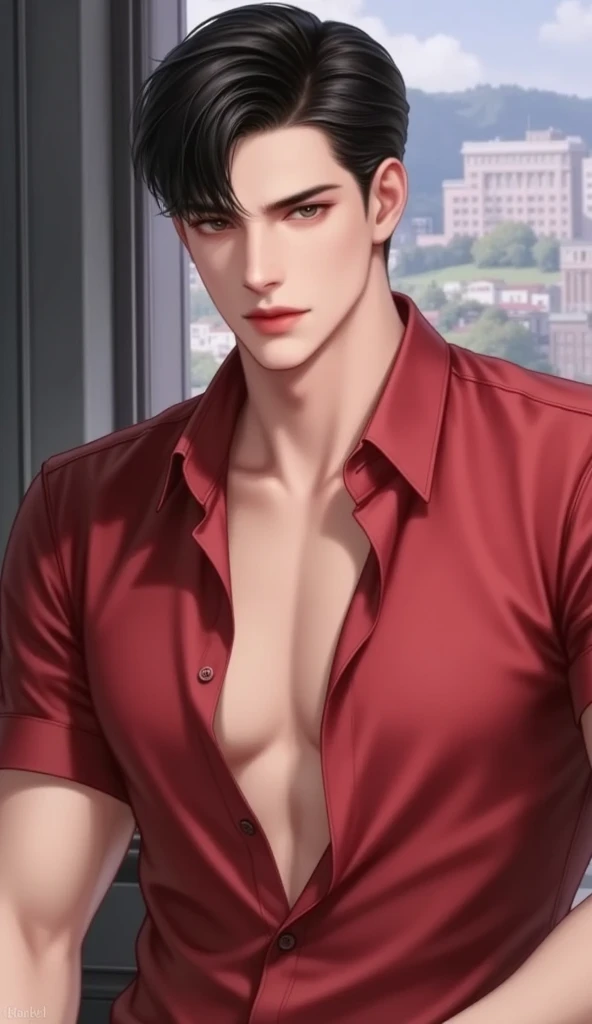 (best quality,4k,8k,highres,masterpiece:1.2),ultra-detailed,(realistic,photorealistic,photo-realistic:1.37),1 man,31 years old,mature man,very handsome,without expression,smile,short gray white hair,blue eyes,penetrating gaze,perfect face without errors,imposing posture,businessman,office background,cinematic lighting,hdr image