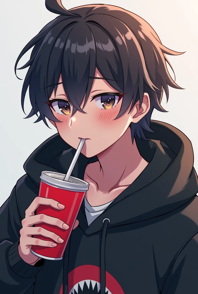 Anime sexy guy in black t-shirt, licking ice cream