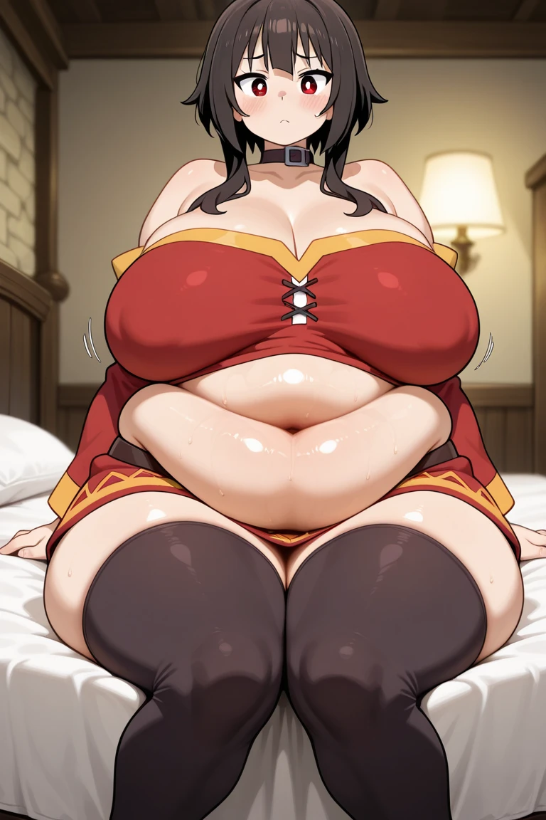 Plump year 21 big breasts black hair brown eyes chubby happy longer hair smile blushing deredere red swimsuit lying covered pussy