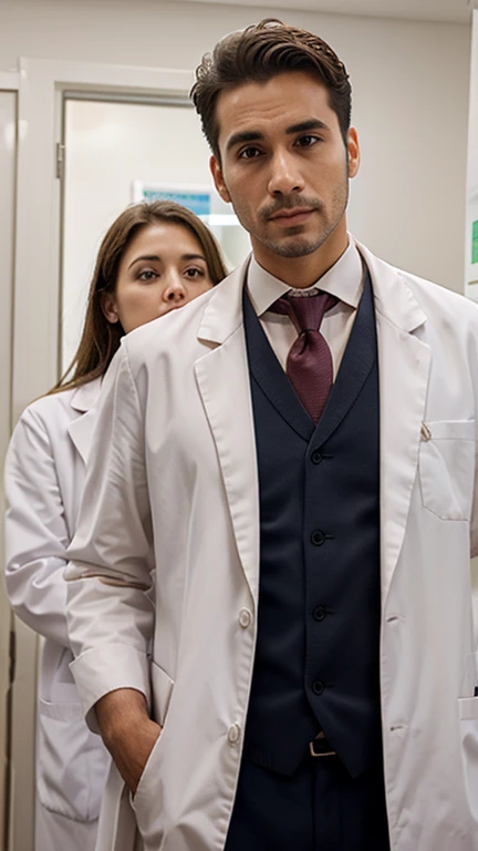 muscular man with pale skin, messy brown hair, with nurse outfit, Stockings with lace, a bag with injections, brown eyes and white mask, nurse cap and eye patch, a neckline in the middle of the nurse&#39;s outfit and white gloves and a saw behind her hip 