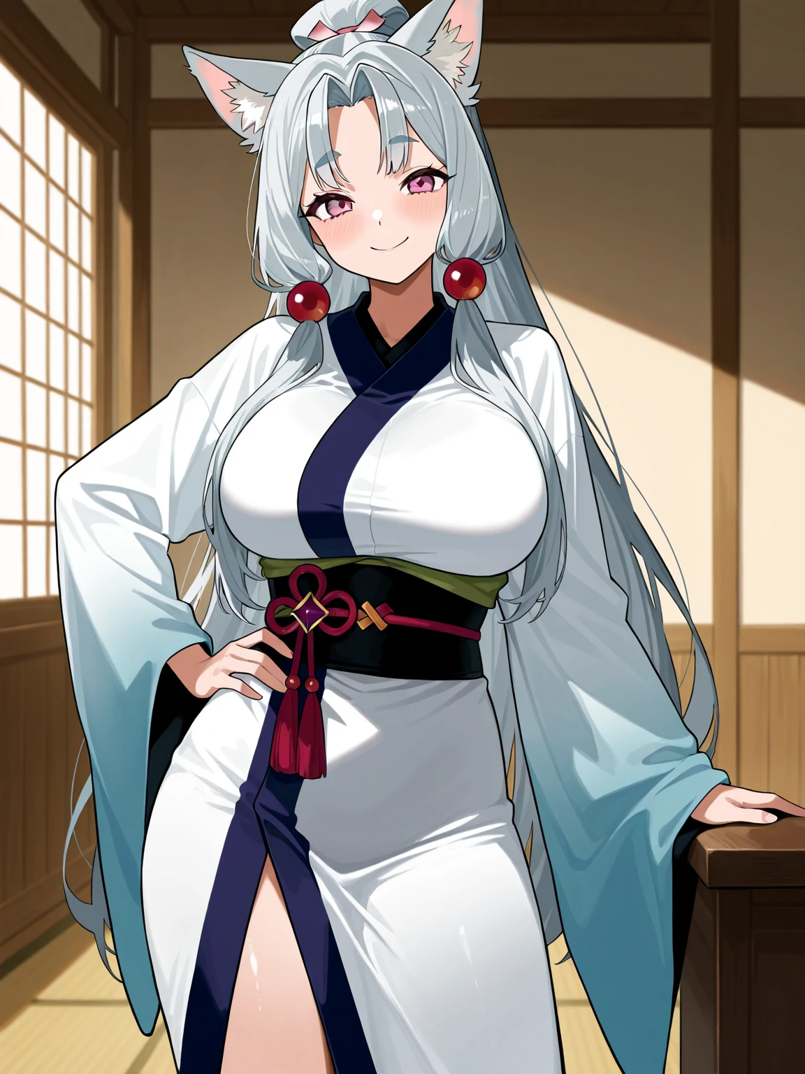 standing inside the bathroom, excitado, necklase, aretes, whole body, long  white hair, white  kimono, Great, ultra high definition, CRU photo, 真实感: 1.25), (shiny lip gloss, long eyelashes, SMOOTH FACE , shining skin, natural shadows, broad light, broad light, Depth of field, strong colors, sutis caustics: 0.8), ssmile, (big boobies), v6
