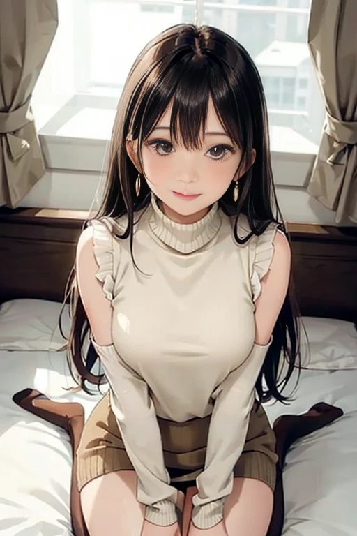 (Light Beige Turtleneck Sleeveless Knit、pencil skirts、knee high stockings)、20 year old girl, breasts of medium size,, Puffy nipple、brown haired、Long Wave Hair、hotels room、(Sleeping on the bed)、((Pleasant look、Open your mouth a little))、a necklace、Earring、 (Very detailed), Shy smile、(Kamimei)、(Perfectly detailed face)、full body seen、(Hide your chest with your hands)