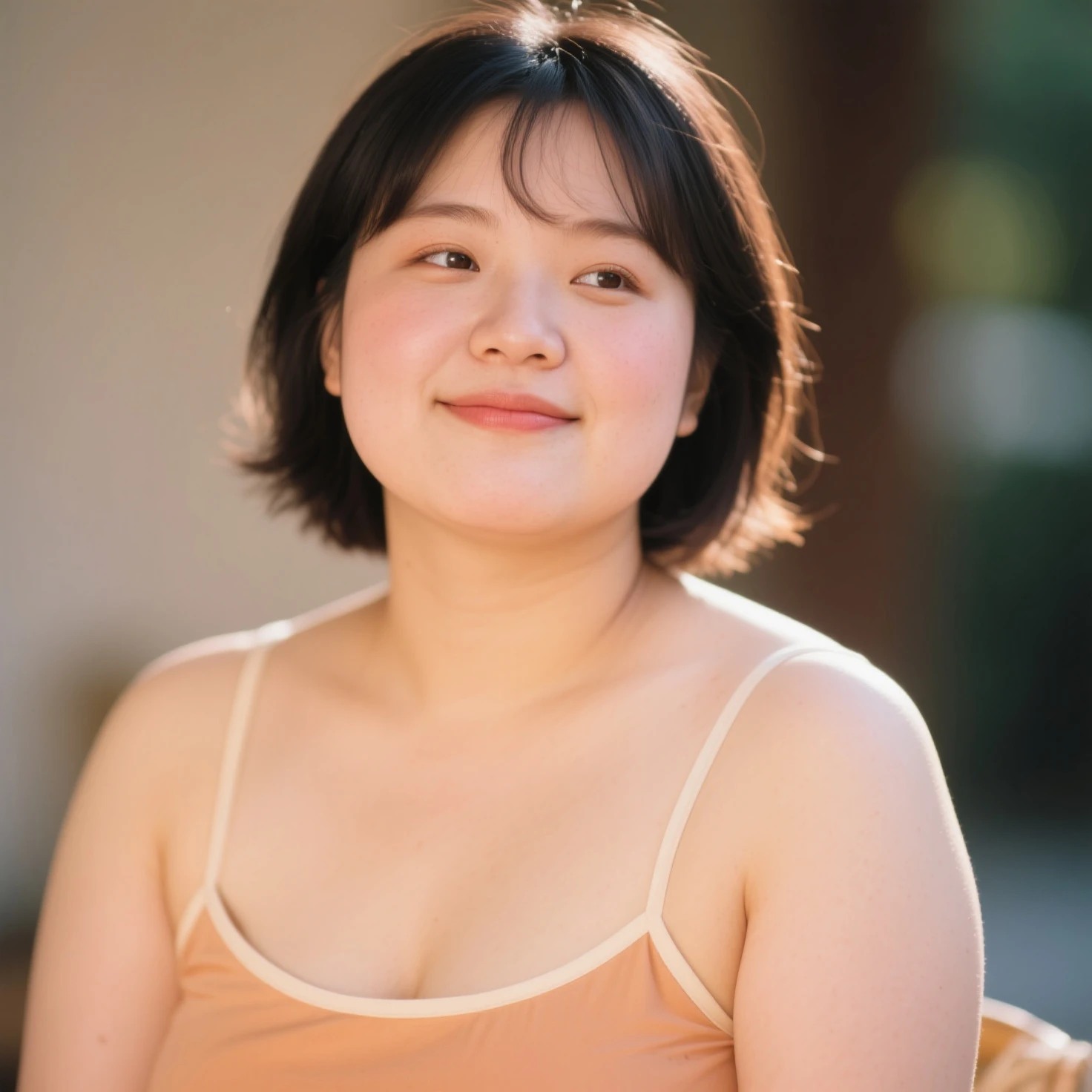 Fat Woman， Obese, Big Size, Round face, Double chin, Overweight,Shoulder-length fluffy hair , hiking，Looking at the camera，smile、