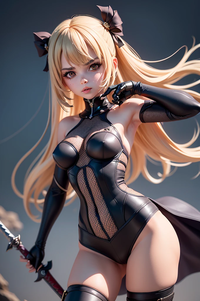 lease, blonde、long hair、bondage、thigh high boots、Photo from below、medium chest、prison、first round、Chains in both hands、embarrassed expression、Kneeling