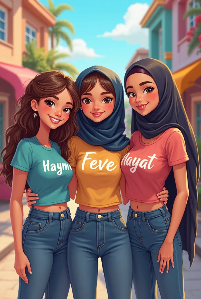 "Create an Islamic-themed image featuring women a T-shirt with Jeyny written