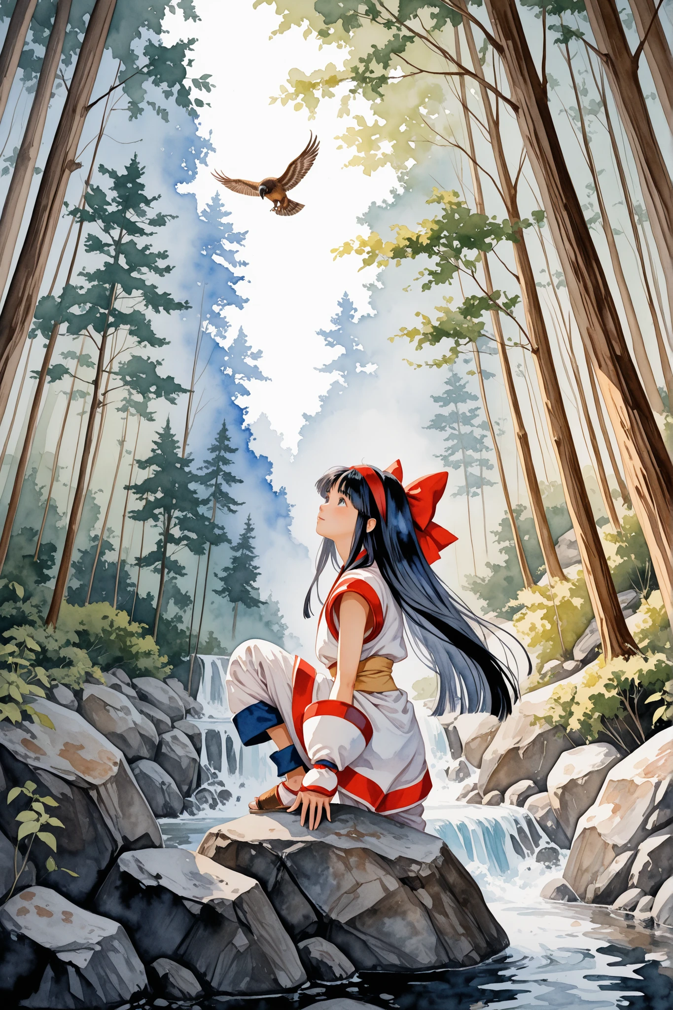 high resolution,masterpiece,nakoruru,1 girl,Japanese Forest,The big hawk soaring overhead,(watercolor painting,soft brushstrokes:1.6),from adove,Wearing pants