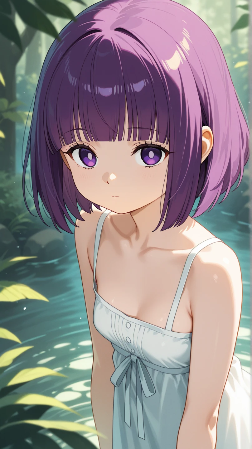 (Highest quality, 8k, 32K, masterpiece, Ultra-high resolution,:1.2),born, One girl,Super cute , Natural light,Clear, shining eyes, 20-year-old ,Fair skin, Purple Hair, Very Short Hair, Bold Swimsuit, jungle, lake, Black Swimsuit