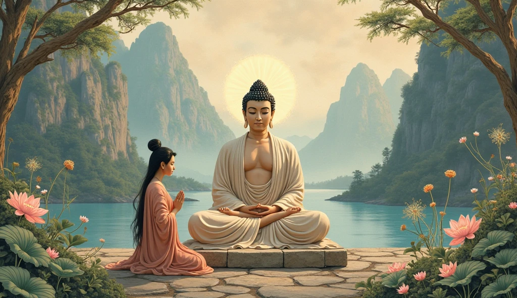 buddha sitting on a rock with a woman in a blue dress, buddhism, buddhist, buddha, on path to enlightenment, beautiful depiction, by John La Gatta, the buddha, spiritual enlightenment, on the path to enlightenment, hindu stages of meditation, buddhist art, serene expression, beautiful image, profile pic, samsara, by John Moonan, serene, meditation