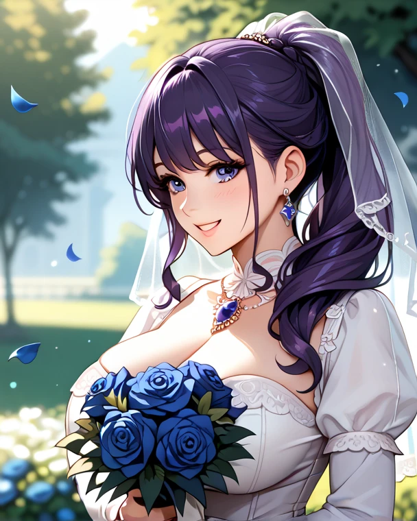 masterpiece, best quality, highres, aaichika, tiara, bridal veil, necklace, cleavage, wedding dress, strapless dress, white dress, white gloves, elbow gloves, garden on background, smile, open mouth, tears, upper body, confetti, holding bouquet, bouquet, beatrix amerhauser, Long straight purple hair, purple eyes., gloves,