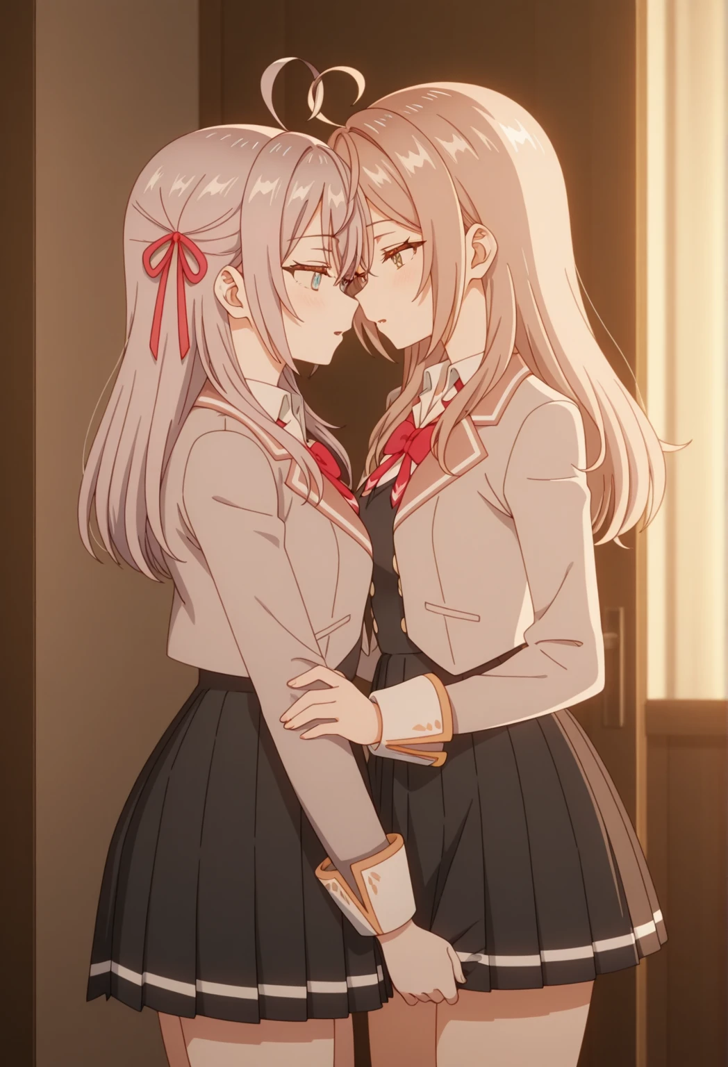 (masterpiece, best quality:2), <lora:PrismaFinal:0.7>, 2girls, Ilya and kuro, Fate, yuri, kissing, from side, full body, making out, (blushing), embarrassed, two tongues two mouths, open mouths, twisting tongues, detailed lips, left girl puts tongue in mouth, two touching tongues, nude, naked, realistic tongue, 4k, 8k, great quality BREAK
Ilya, long_hair, blonde_hair, red_eyes, white_hair, grey_hair, medium tits, closed eyes, kissing girl to the right, facing right, embarrassed BREAK
Kuro ,dark_skin, pink_hair, kissing girl to the left, beautiful eyes, looking left, surprised, concerned