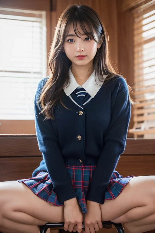 mini person、(in_cage)、highest quality、16K high resolution、Super detailed、masterpiece、Live shooting、genuine、photogenuineistic、とても繊細in美しい、fine details、1 female、(super beautiful)、(beautiful face:1.5)、(adult face)、18 year old high school girl、(white panties:1.2)、(spread your legs to the side)、(high school uniform)、(plaid pleated skirt)、(Dark blue school sweater)、white shirt、brown hair、wearing makeup、(At SFW)