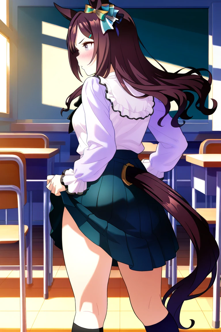(masterpiece:1.2), best quality, PIXIV, (who:1.1), (,wooden bridge:1.1), from back, facing away, ( kneepits:1.1), ( full body,:0.7), thighs, messy hair, back, from behind,
BREAK
<lora:CHAR-SakuraMatouV2:0.8>,
BREAK
SakuraSchool, long hair, hair ribbon, homurahara academy school uniform, black skirt, smile, arms behind back, indoors, classroom, window, school,
BREAK
high resolution, (illustration:0.8), perfect lighting, extremely detailed CG, (perfect hands, perfect anatomy), (bokeh, sharp detail,:0.8), best quality, woman, (plump:0.8), narrow waist, dim lighting, in the dark, <lora:more_details:0.4>, perspective, mature female, solo, 1girl, solo_focus, messy, messy hair, messy,