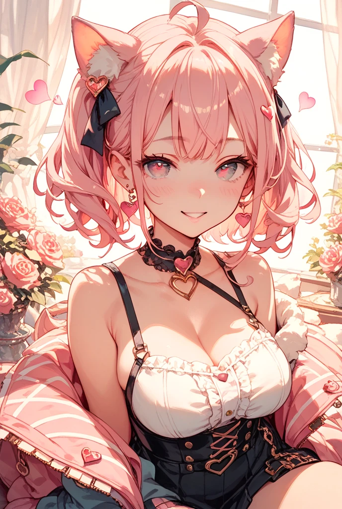  soft pink hair girl with buns, idol outfit