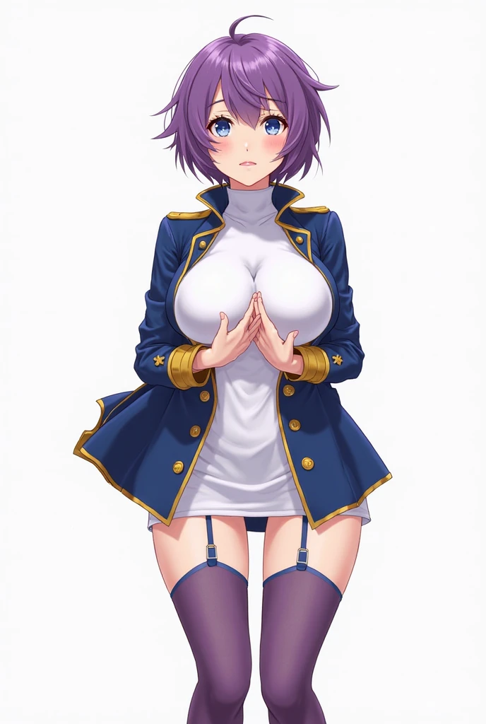 1girl, very short hair, purple hair, pixie cut, one eye covered, hair over one eye, jacket, blue eyes, beret, smile, skirt, large breasts, thick thighs, pantyhose, black pantyhose, mature female, milf, epaulettes