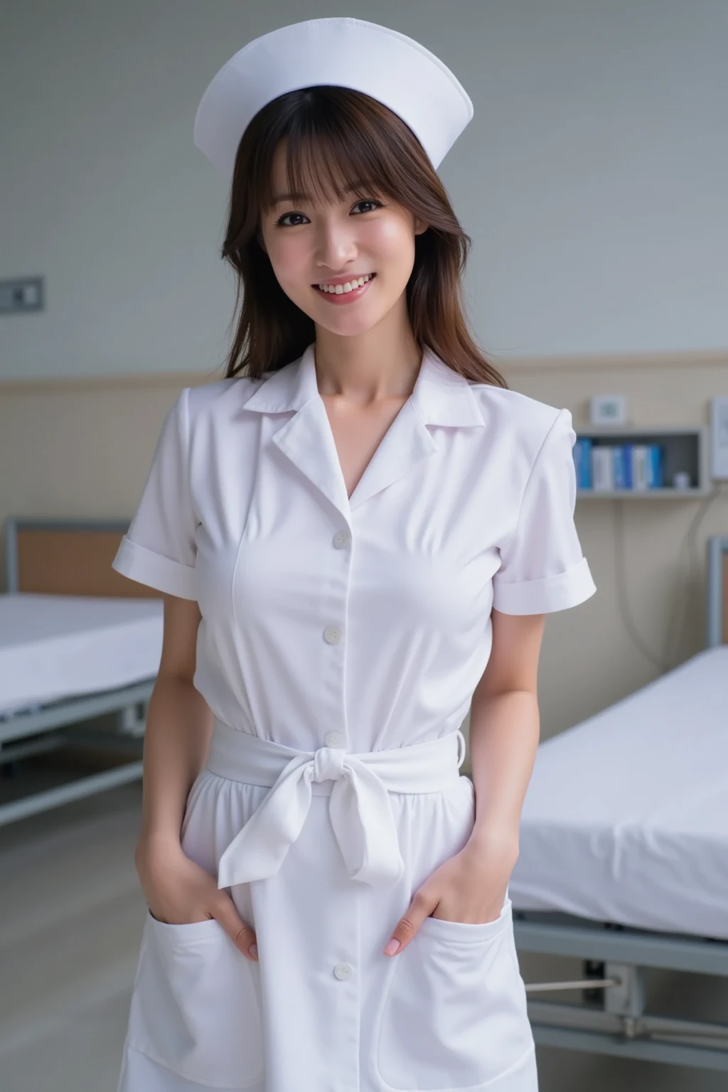 (Best quality, 8k, 32k, Masterpiece, UHD:1.2),Photo of Pretty Japanese woman, 1girl, (medium-short dark brown hair), (large breasts), double eyelid, White nurse uniform, small white nurse (cap), white shirt, cleavage, hospital, patient's room, full body, photo from below, sexy